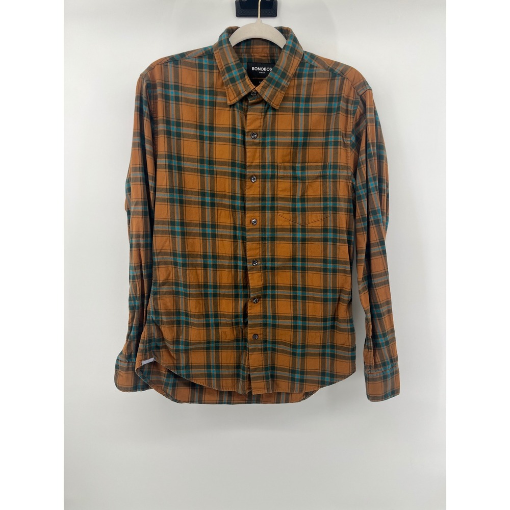Bonobos Stretch Slim Fit Plaid Flannel Shirt Mens Medium Brown Green Button Down